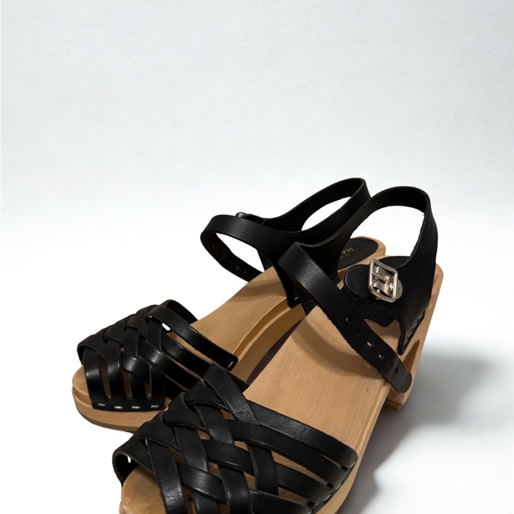Swedish Hasbeens Black Sandals Woven Leather Design